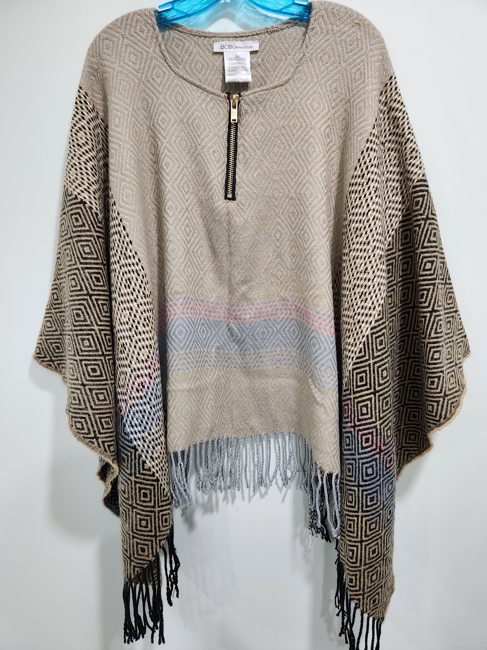 BCBGeneration Beige and Black Geometric Fringe Poncho with Zip